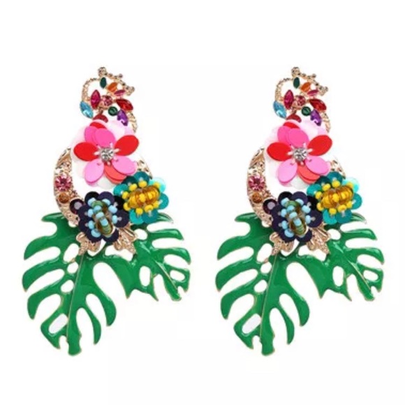 New Zara Monstera Leaf Statement Earrings - Picture 2 of 3